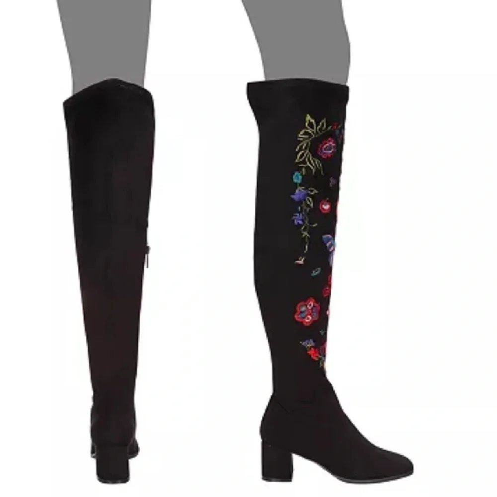 NWOT Impo Judy Embroidered Over-The-Knee Boots stretch block heel colorful